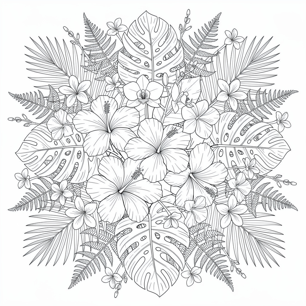 熱帯花のボタニカルぬりえ（むずかしい）