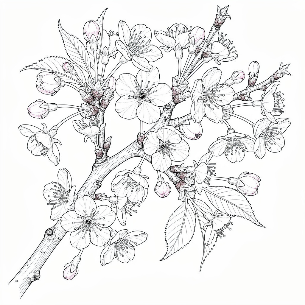 桜のボタニカルぬりえ（むずかしい）