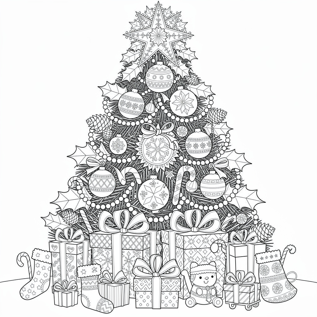 クリスマスツリーのぬりえ（むずかしい）