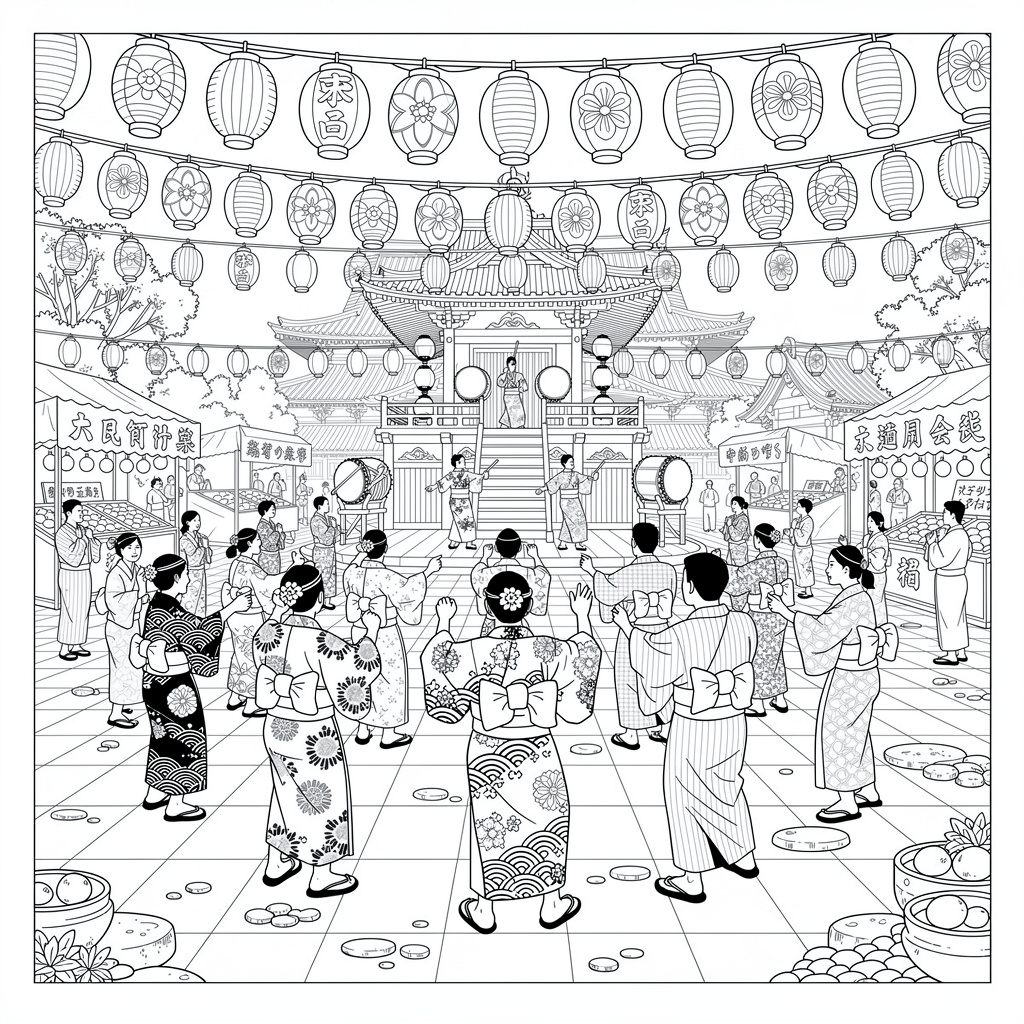 お盆・盆踊りのぬりえ（むずかしい）
