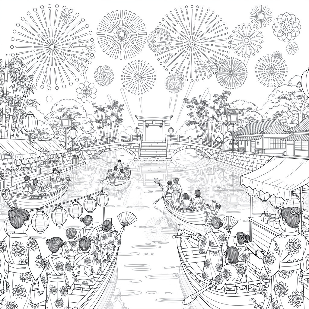 花火大会のぬりえ（むずかしい）