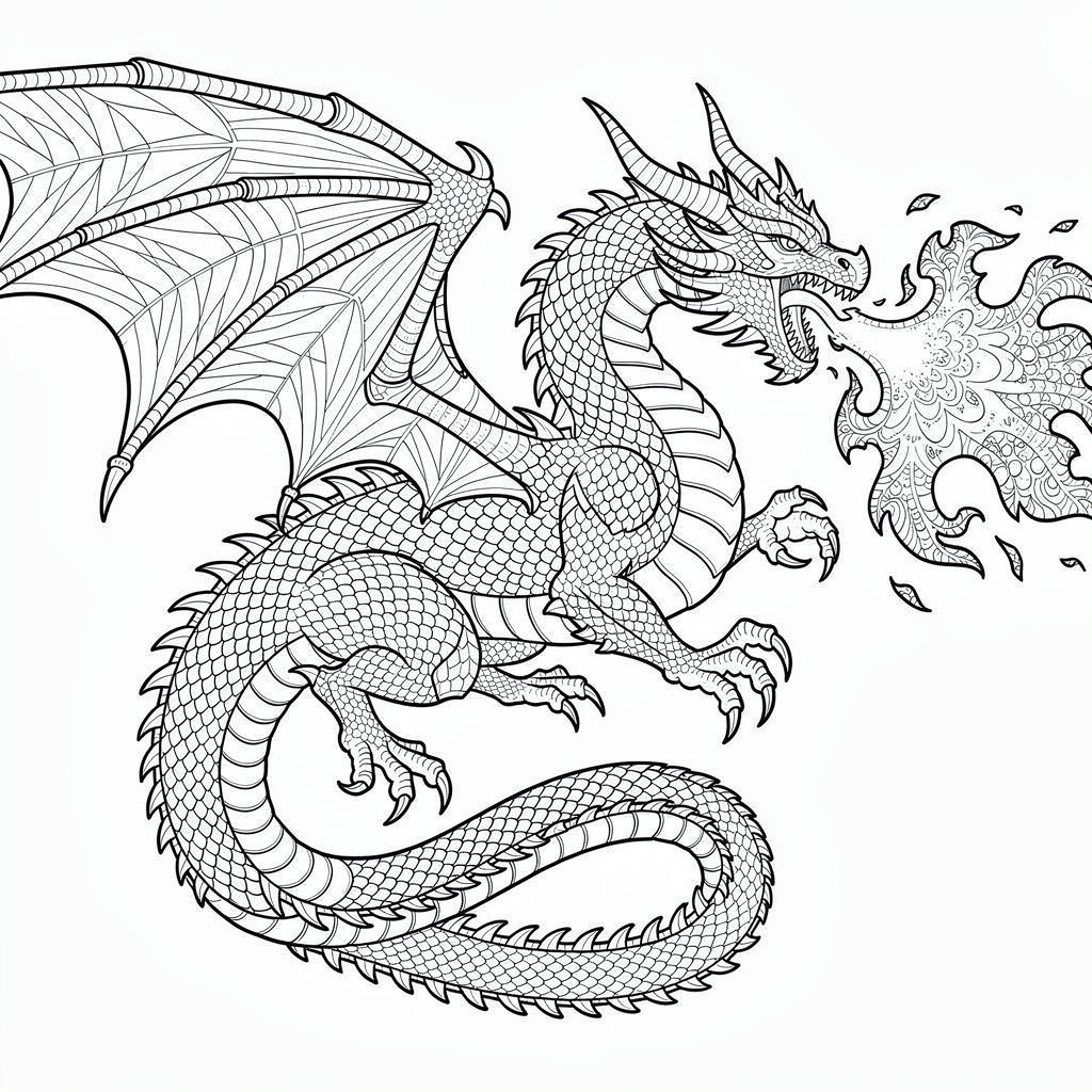 ドラゴン詳細版のぬりえ（むずかしい）