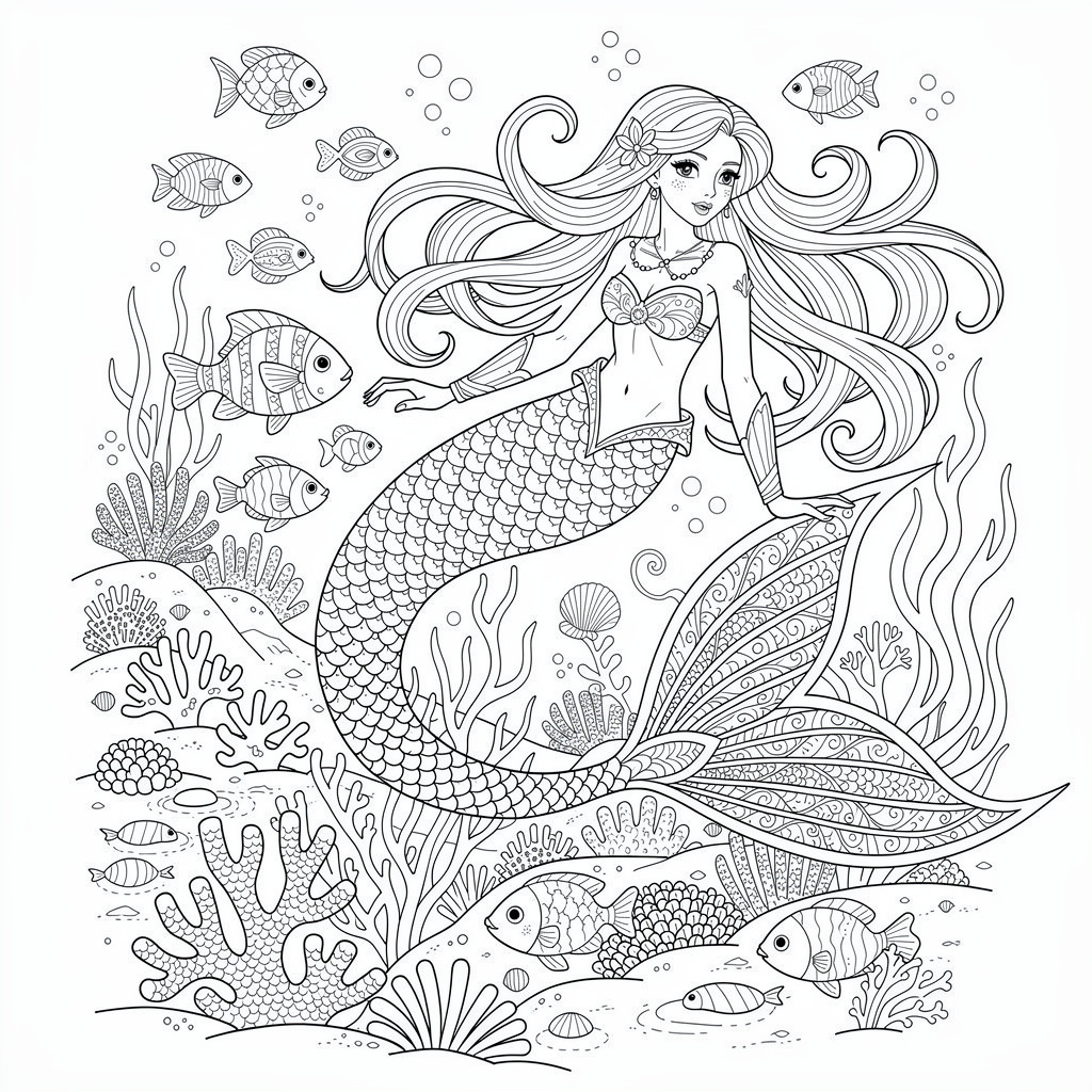 人魚のぬりえ（むずかしい）