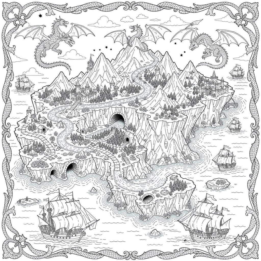 ファンタジー地図のぬりえ（むずかしい）