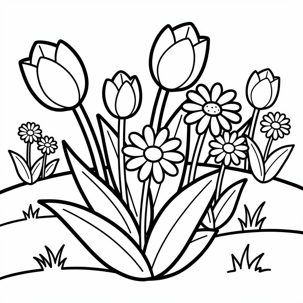 チューリップと野の花のぬりえ