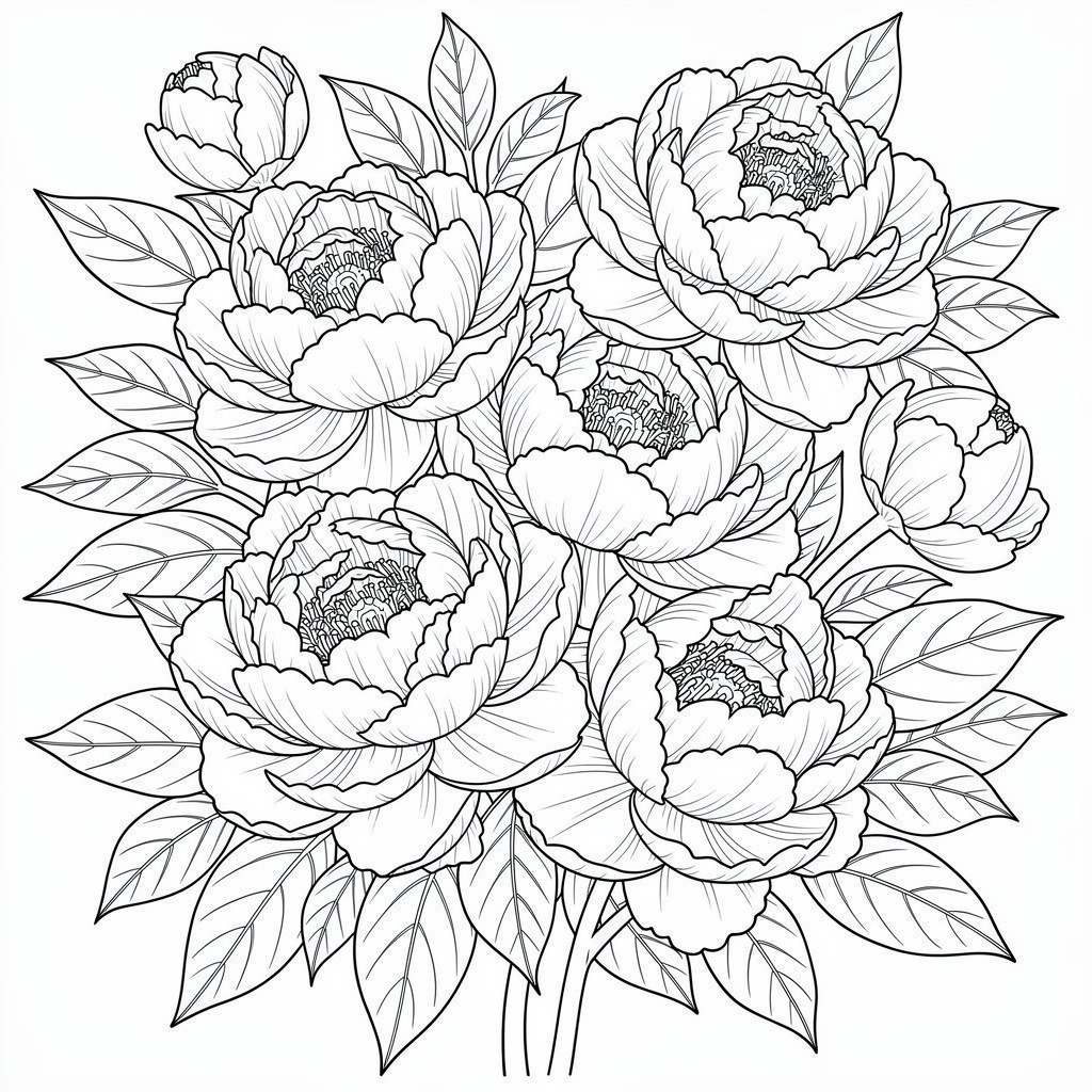 牡丹の花のぬりえ（むずかしい）