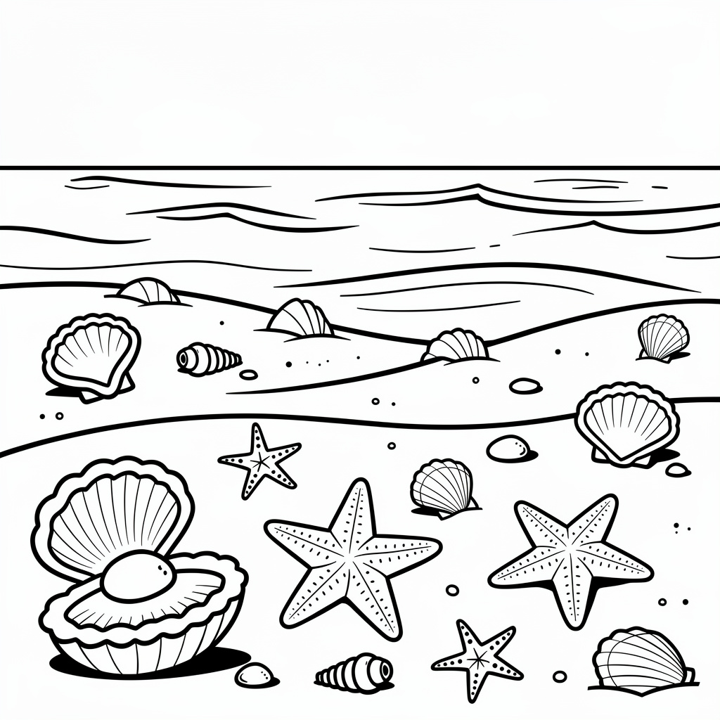 夏・海と貝殻のぬりえ