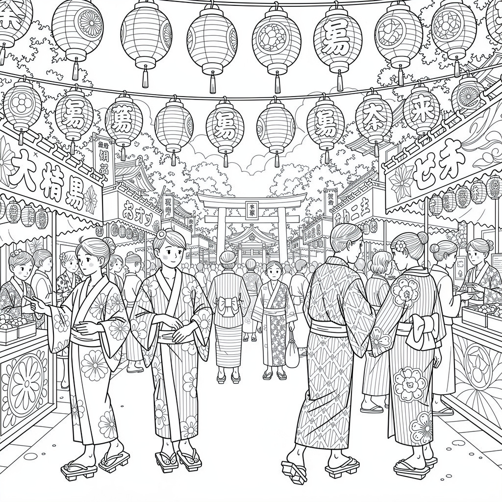 夏祭り・浴衣のぬりえ（むずかしい）