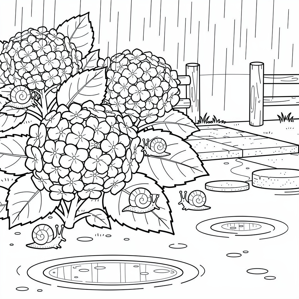 梅雨・紫陽花とカタツムリのぬりえ