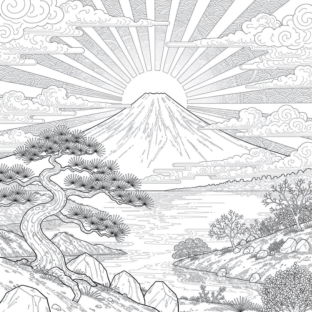 富士山の初日の出のぬりえ（むずかしい）