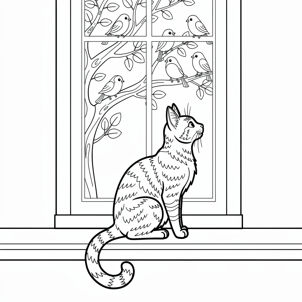 窓辺の猫のぬりえ