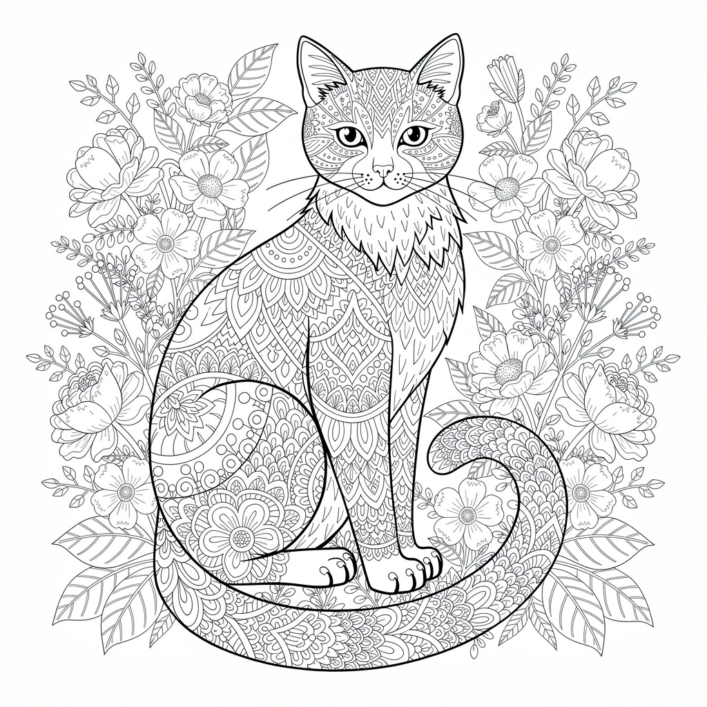花の中の猫のぬりえ（むずかしい）