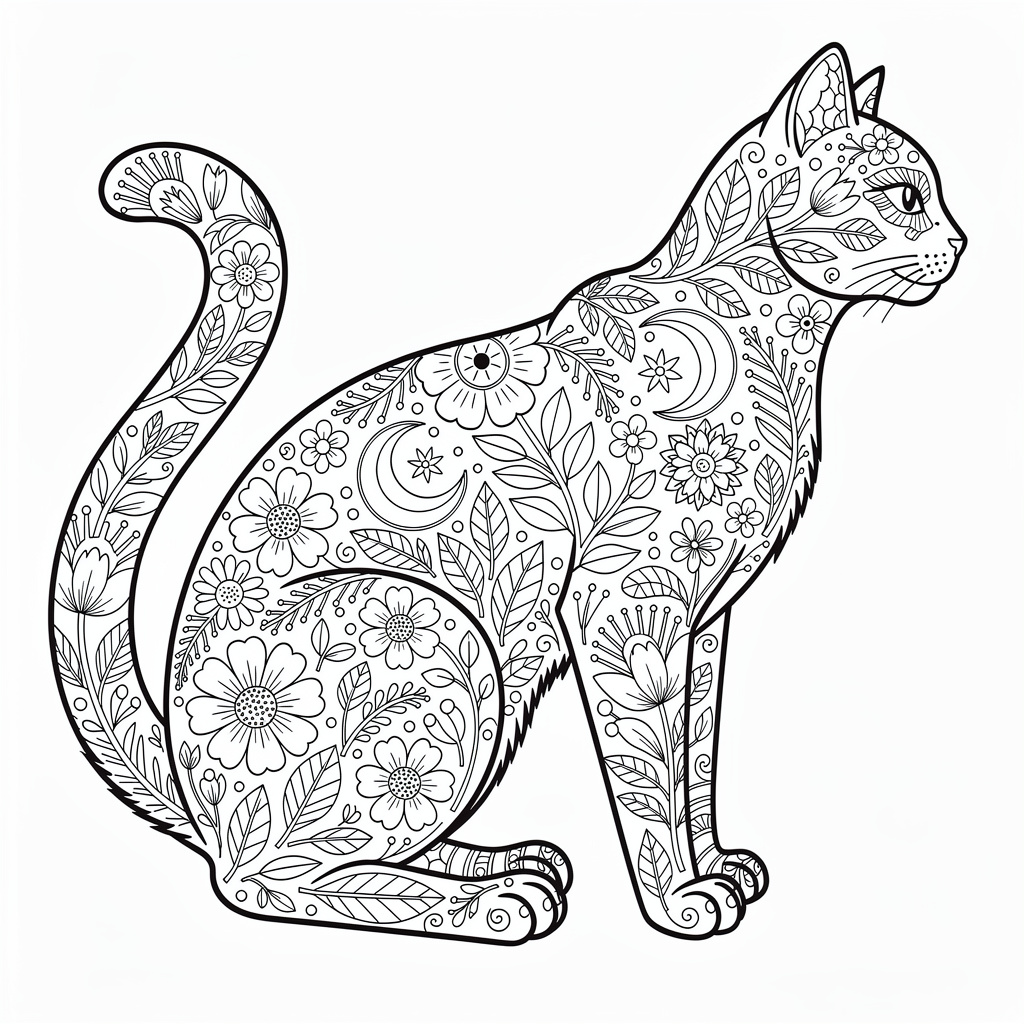 猫シルエット模様のぬりえ（むずかしい）