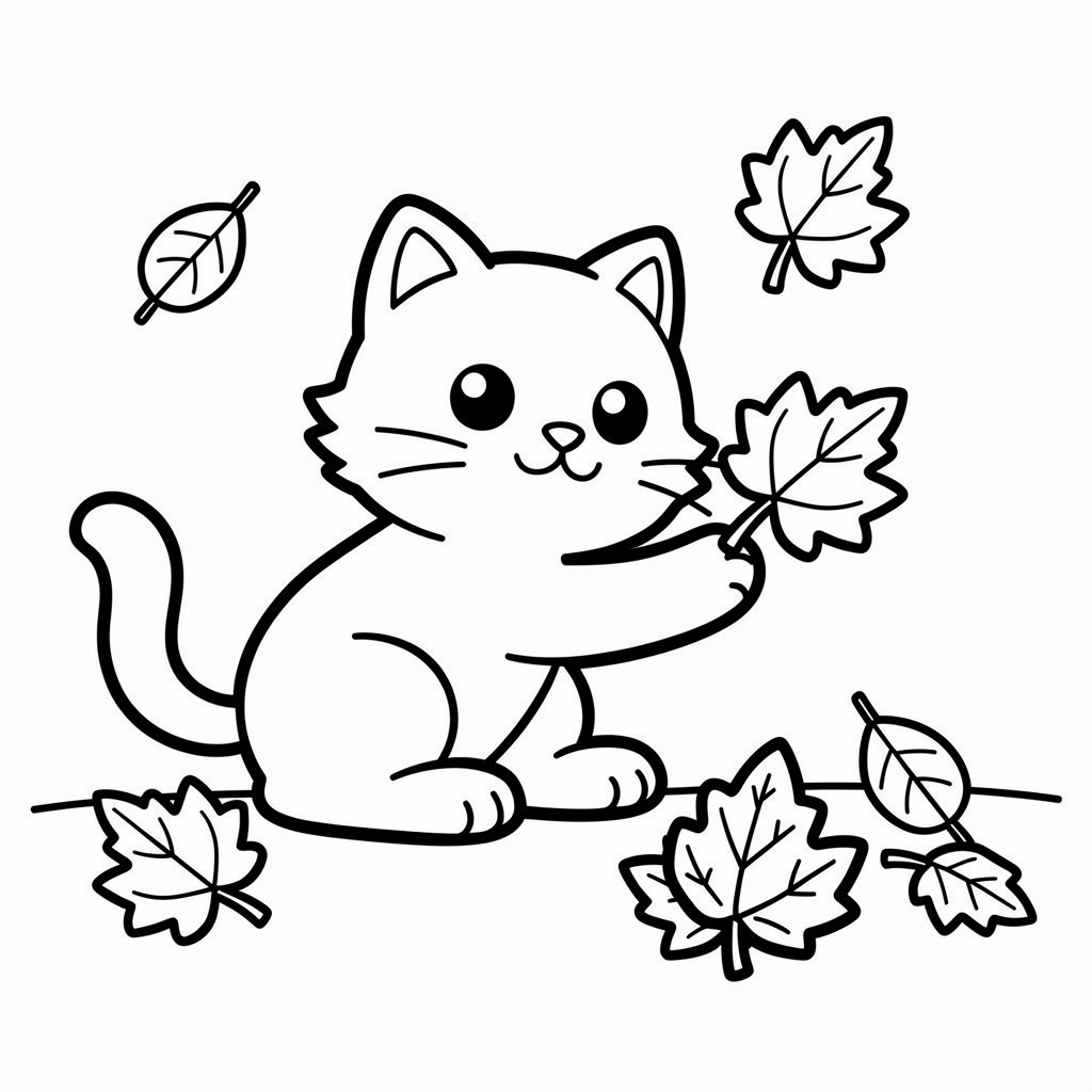 落ち葉で遊ぶ子猫のぬりえ（かんたん）