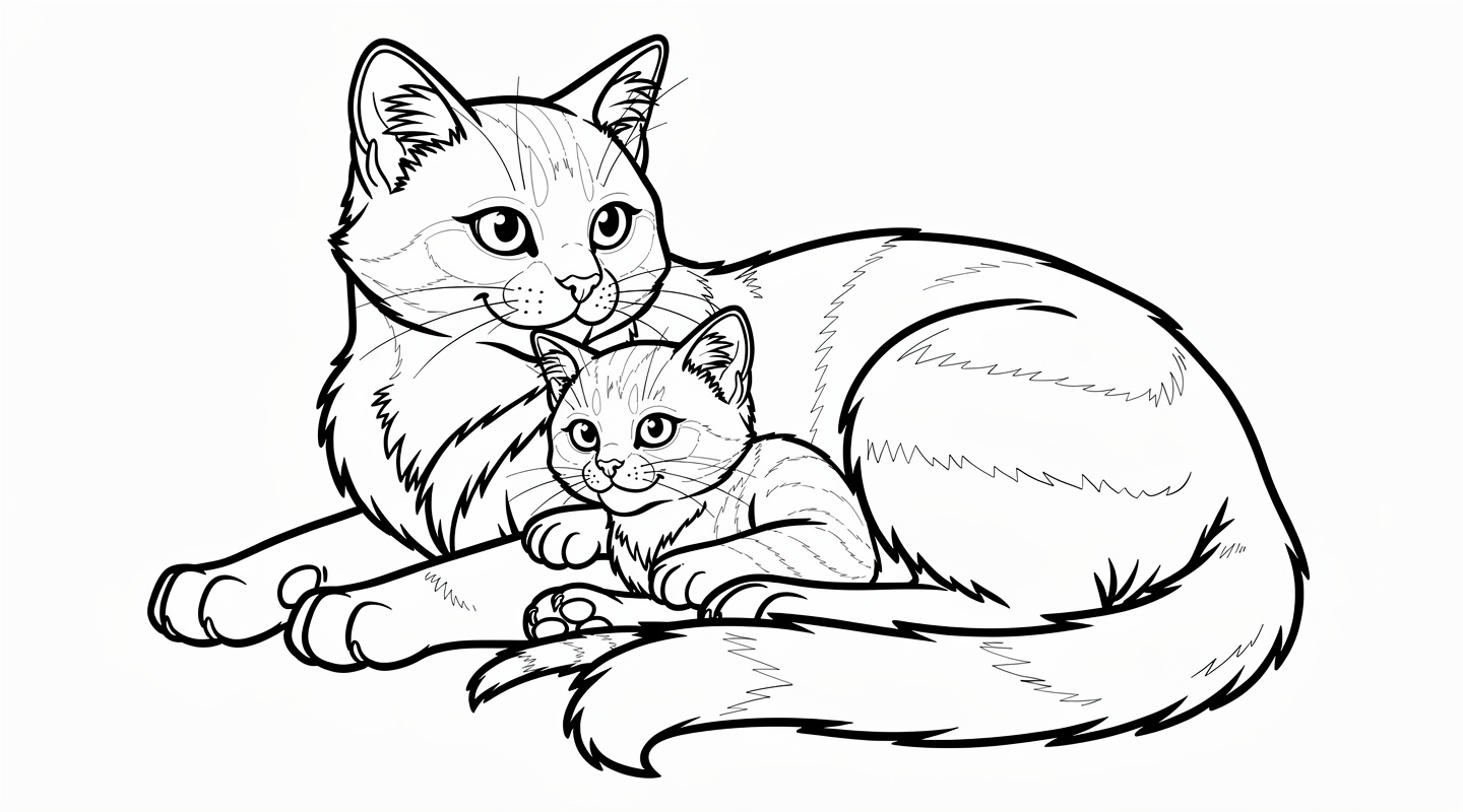 母猫と子猫のぬりえ