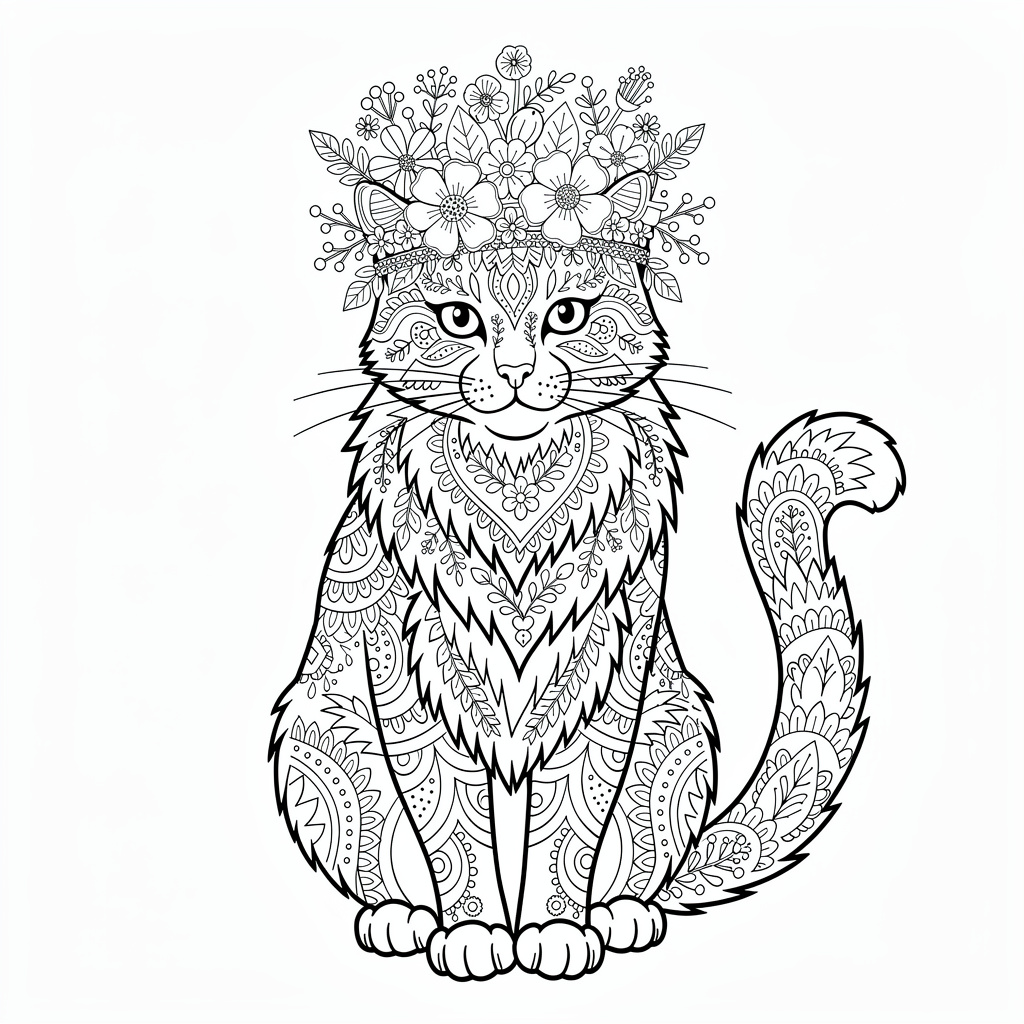 花冠をかぶった猫のぬりえ（むずかしい）
