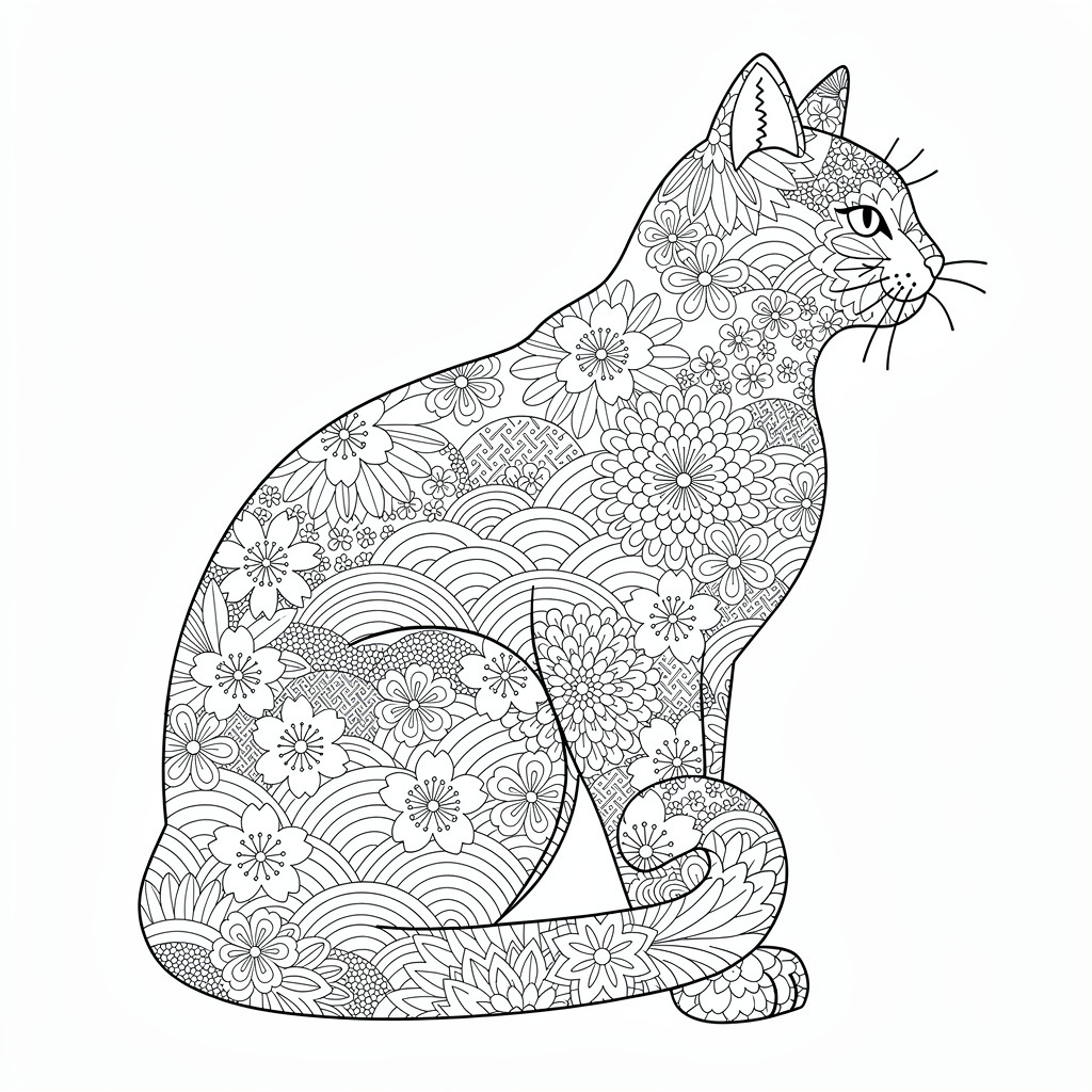 和柄猫シルエットのぬりえ（むずかしい）