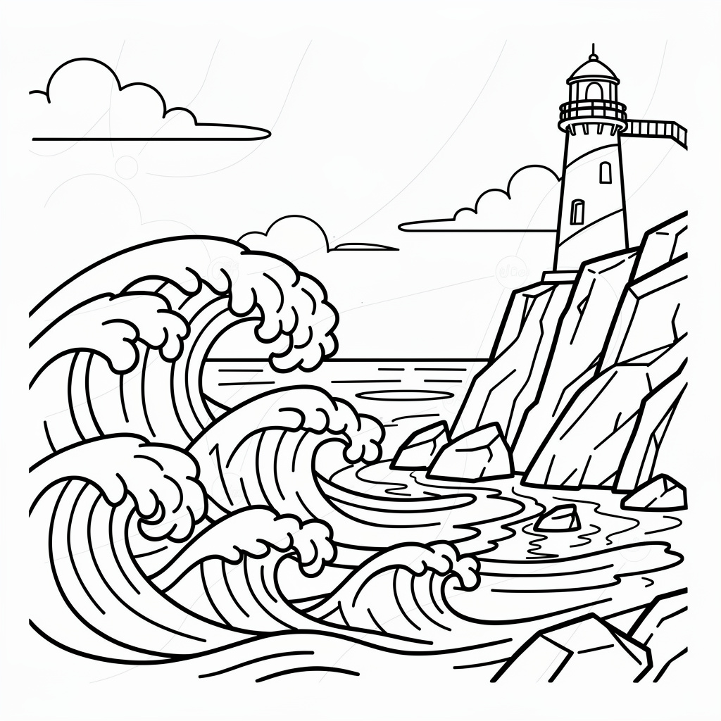 灯台と海のぬりえ