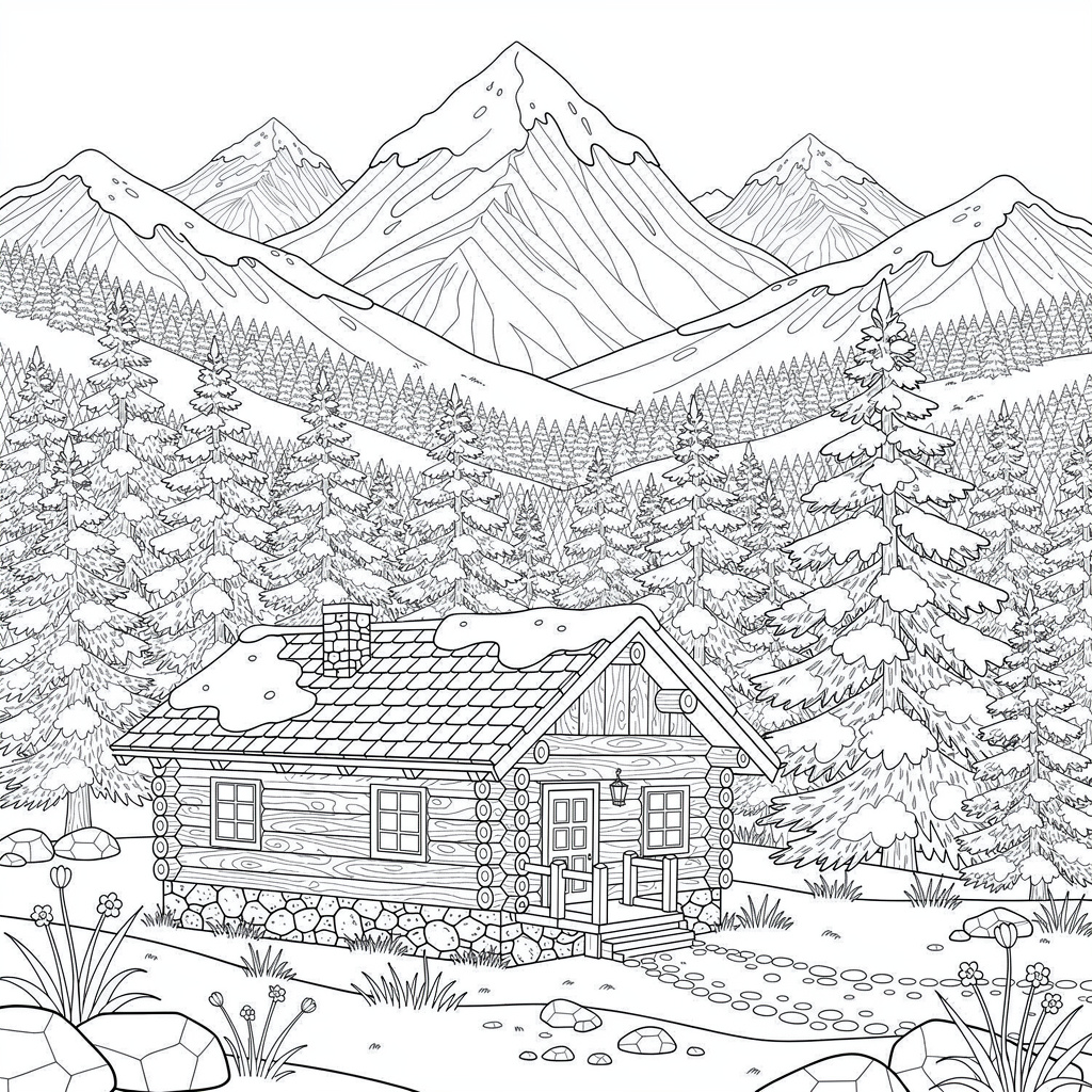 雪山とコテージのぬりえ（むずかしい）