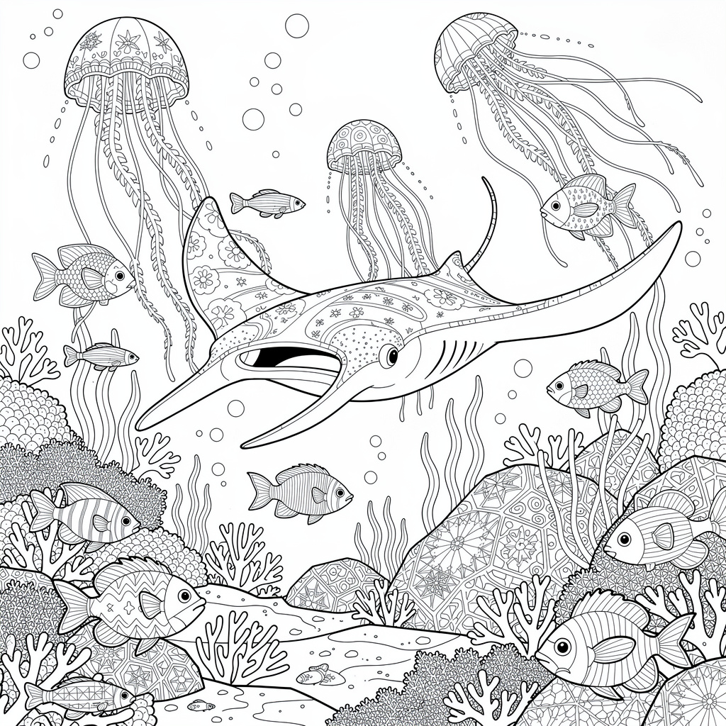 マンタレイと熱帯魚のぬりえ（むずかしい）