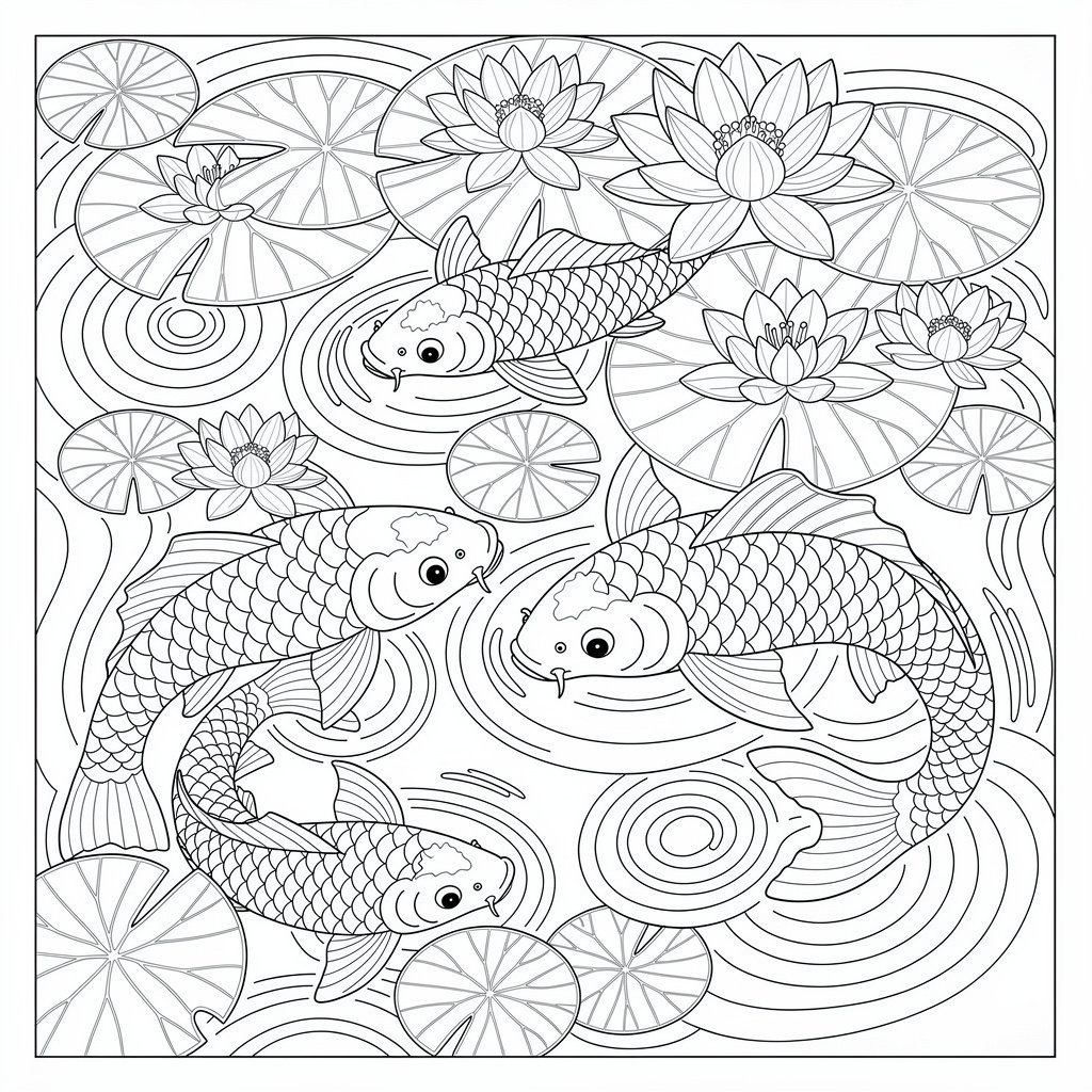 錦鯉の池のぬりえ（むずかしい）