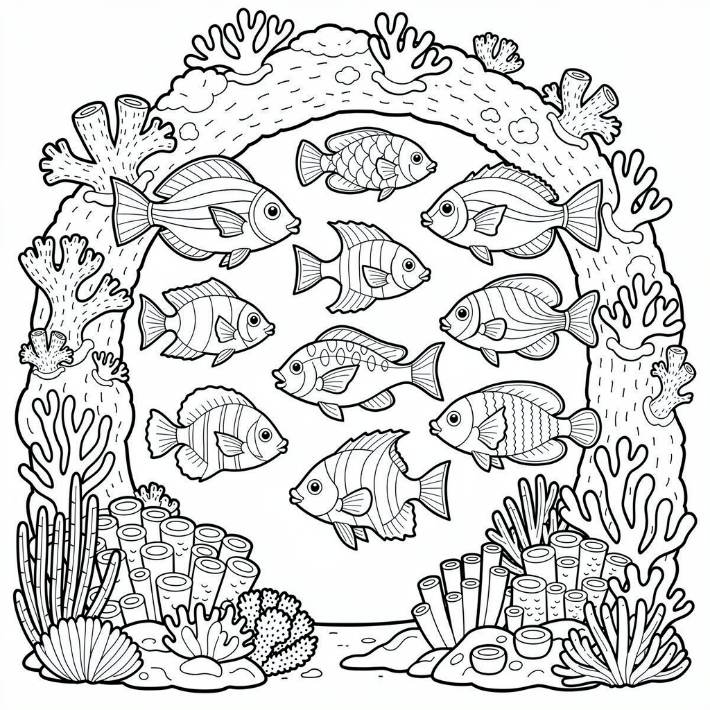 熱帯魚の群れのぬりえ