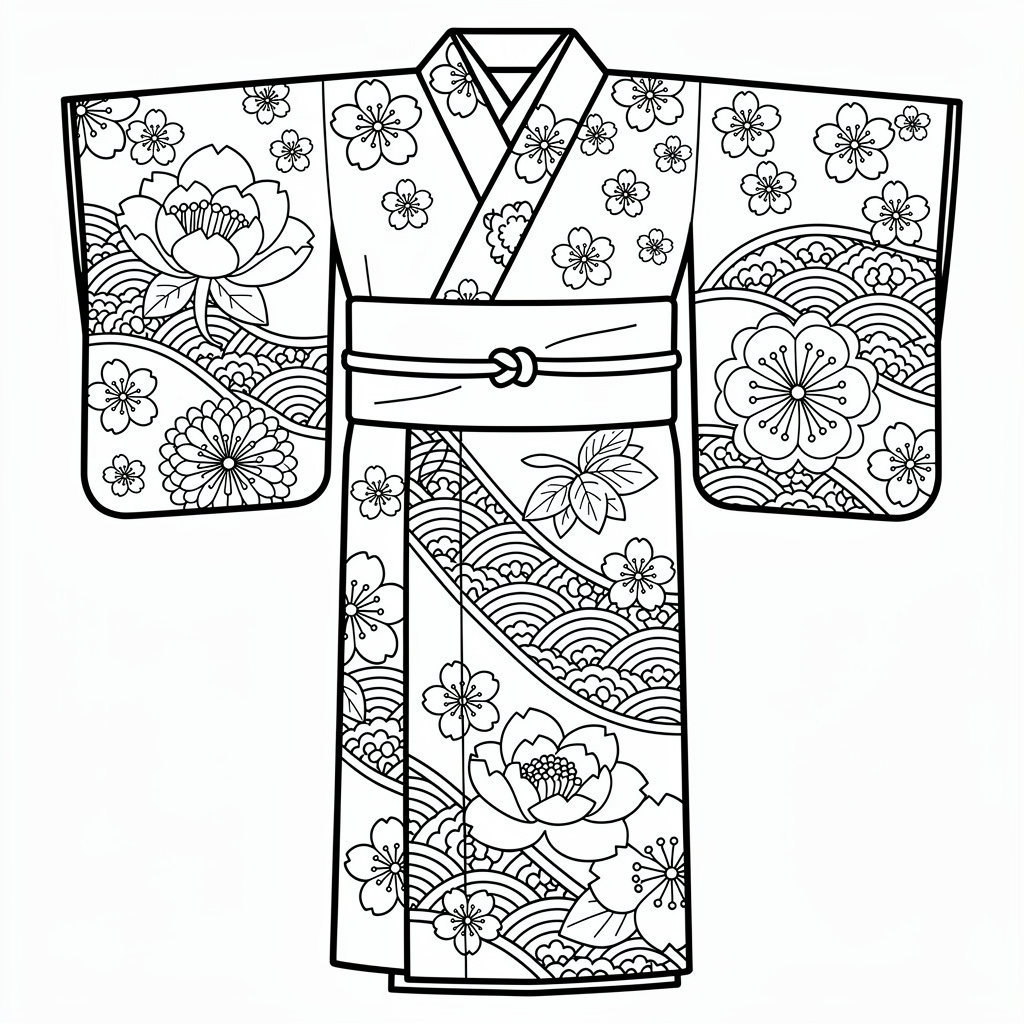 着物と花模様のぬりえ