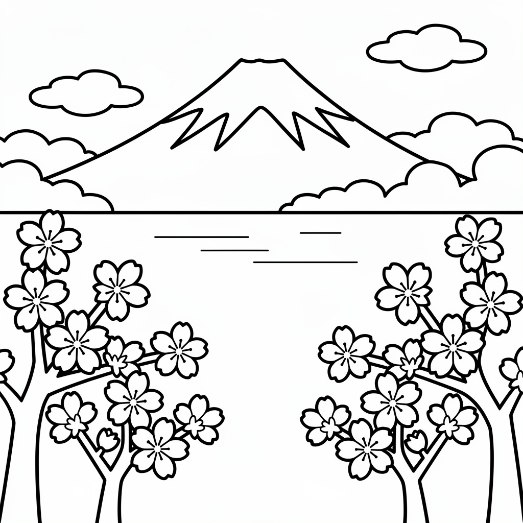 富士山と桜のぬりえ