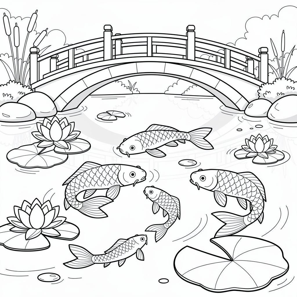 鯉の池と橋のぬりえ