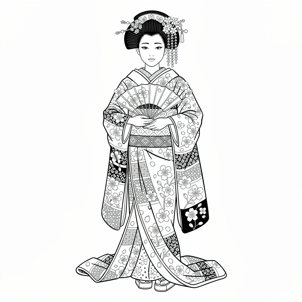 桜の芸者のぬりえ（むずかしい）