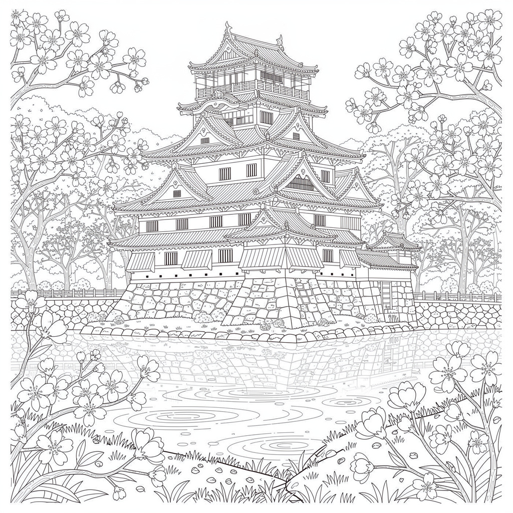 桜のお城のぬりえ（むずかしい）