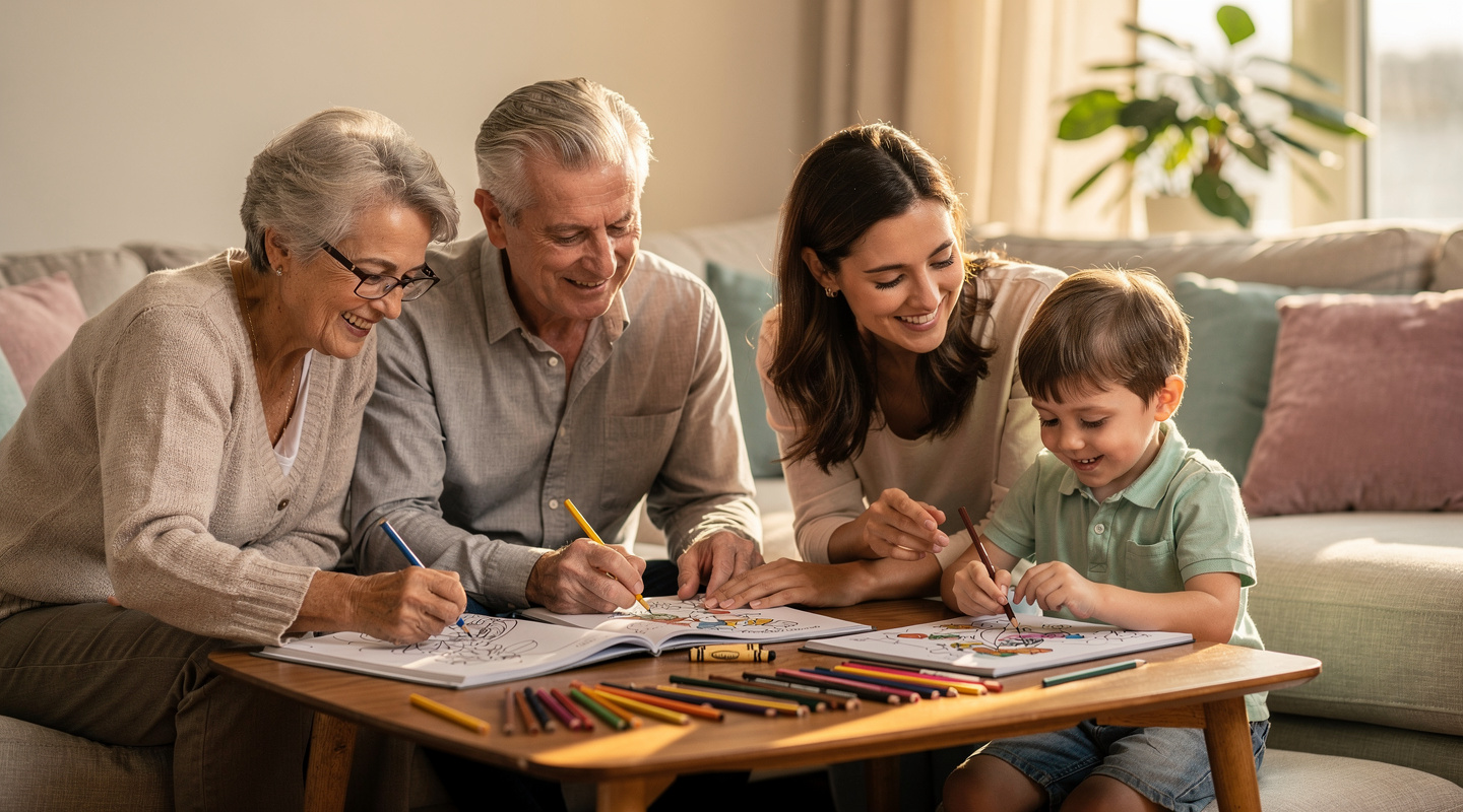 A family of three generations enjoying coloring together
