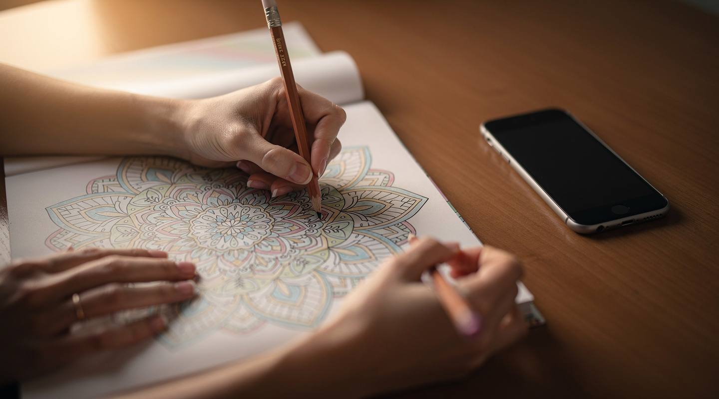 Hands coloring a mandala with colored pencils, phone set aside