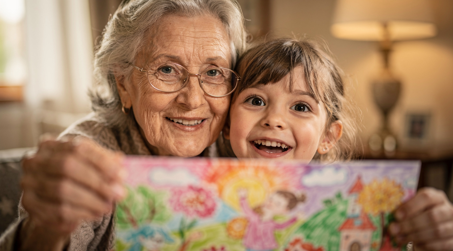 Grandmother and grandchild sharing the joy of a completed coloring page