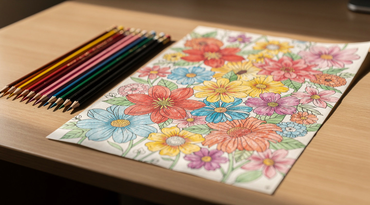 完成した塗り絵と色鉛筆