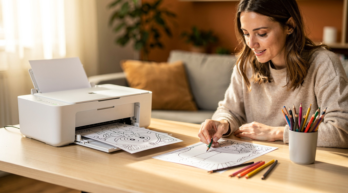 Woman printing a coloring page at home