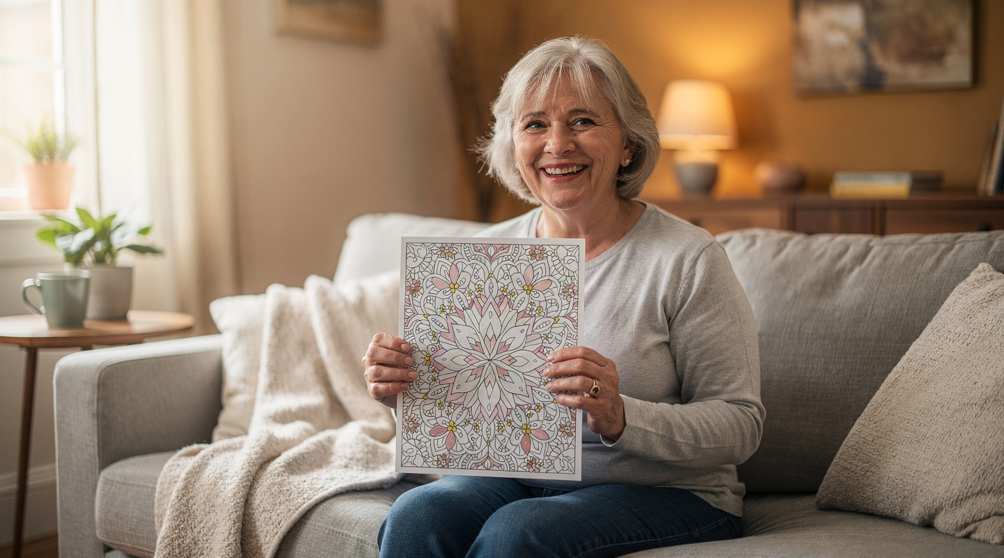 A senior proudly holding her first completed coloring page